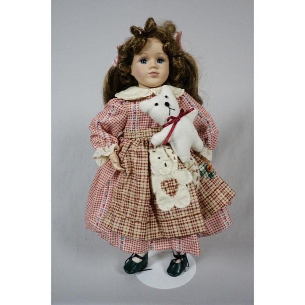 Collectable Memories TERRY Porcelain Doll 16" w/ Bear Checked Dress